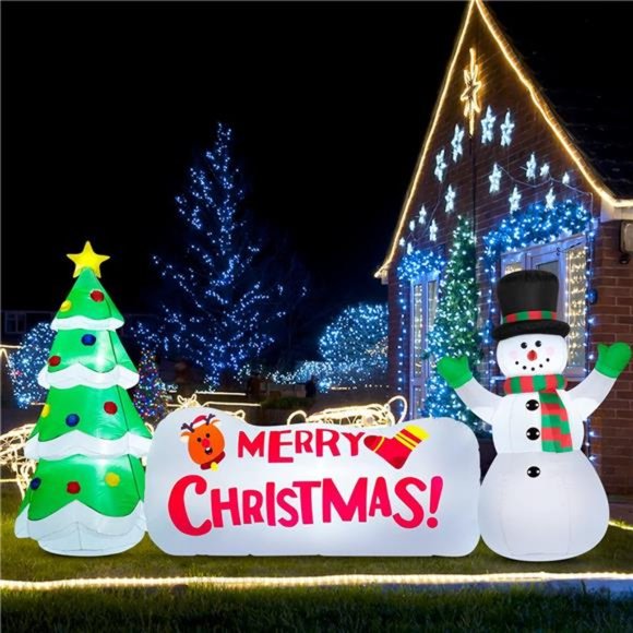 10 FT Christmas Inflatables Christmas Tree Snowman with Merry Christmas Sign - Picture 1 of 6